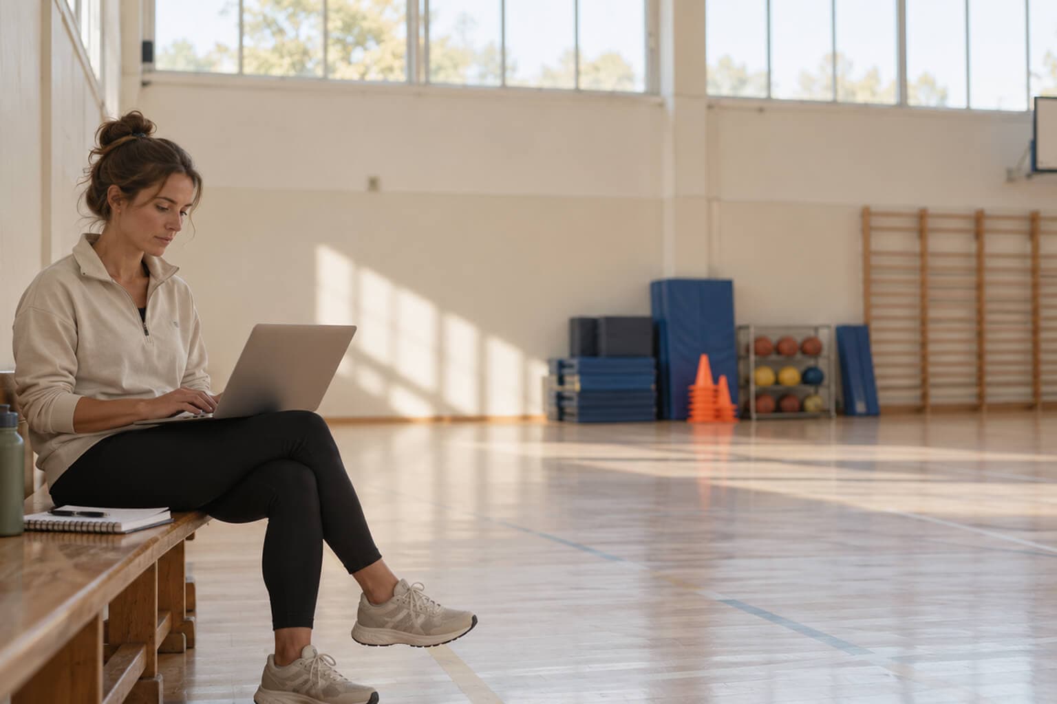 Kursleiterin sitzt mit Laptop auf der Bank am Rand einer leeren Sporthalle und plant ihre Kurse
