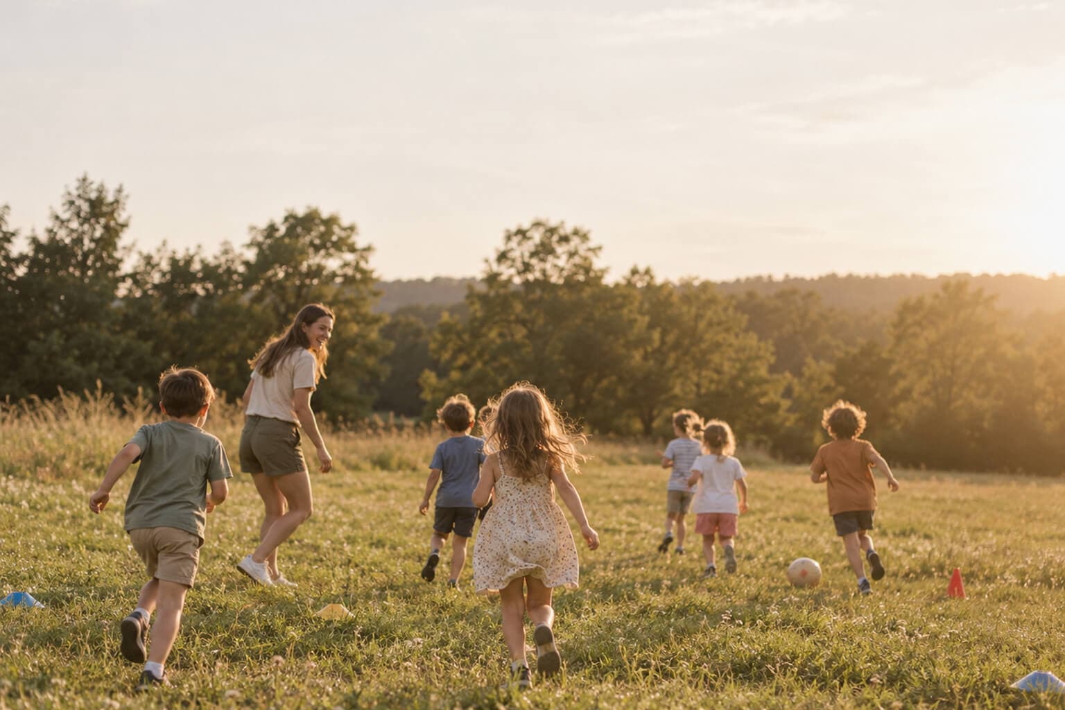 Kindergruppe rennt mit einer Betreuerin bei Abendsonne über eine Wiese einem Ball hinterher