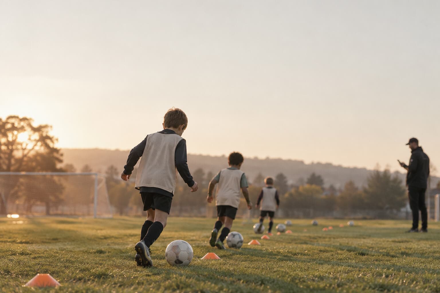 Kinder dribbeln beim Fußballtraining durch einen Hütchenparcours, der Trainer schaut auf sein Handy