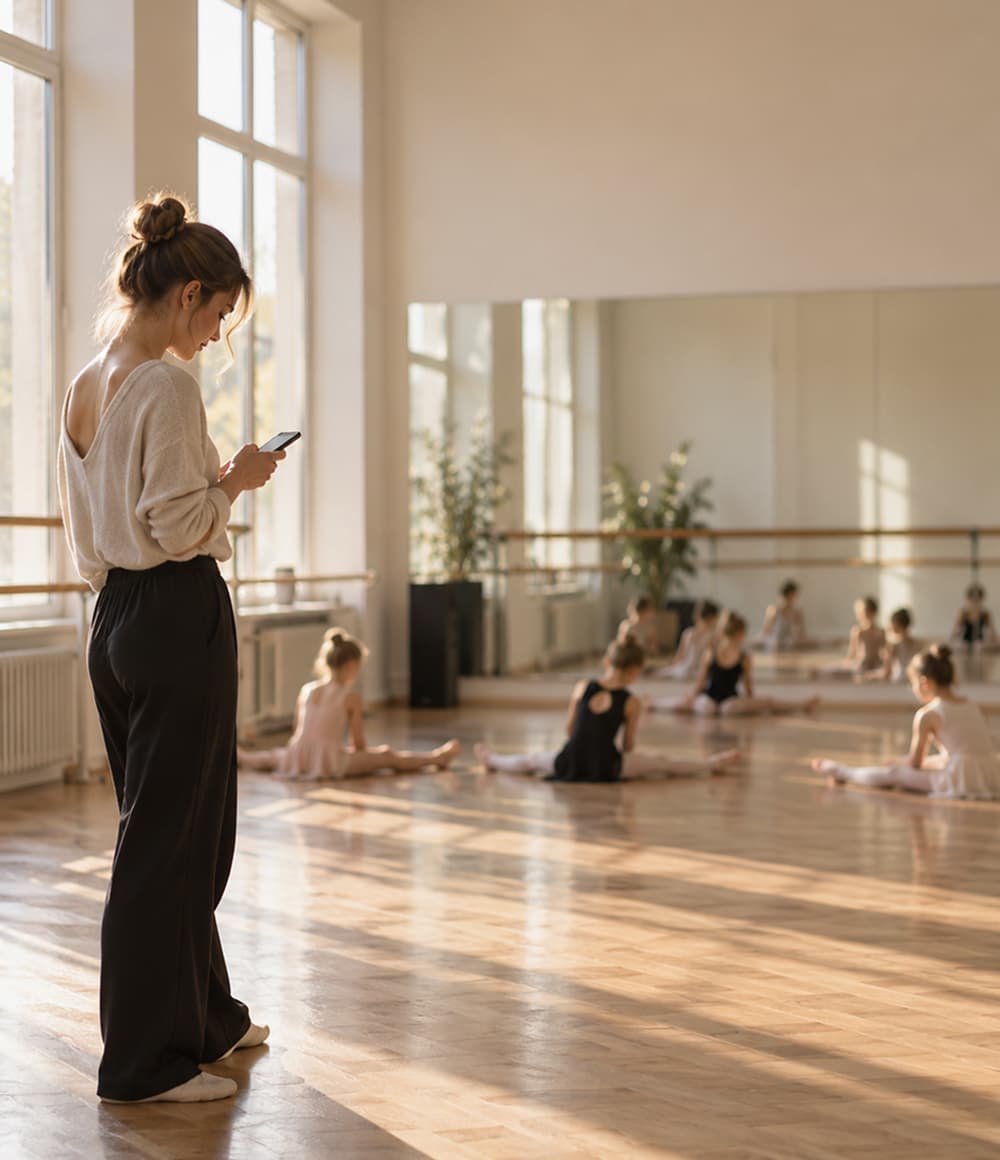 Tanzlehrerin schaut im hellen Ballettsaal auf ihr Handy, im Hintergrund dehnt sich eine Kindergruppe