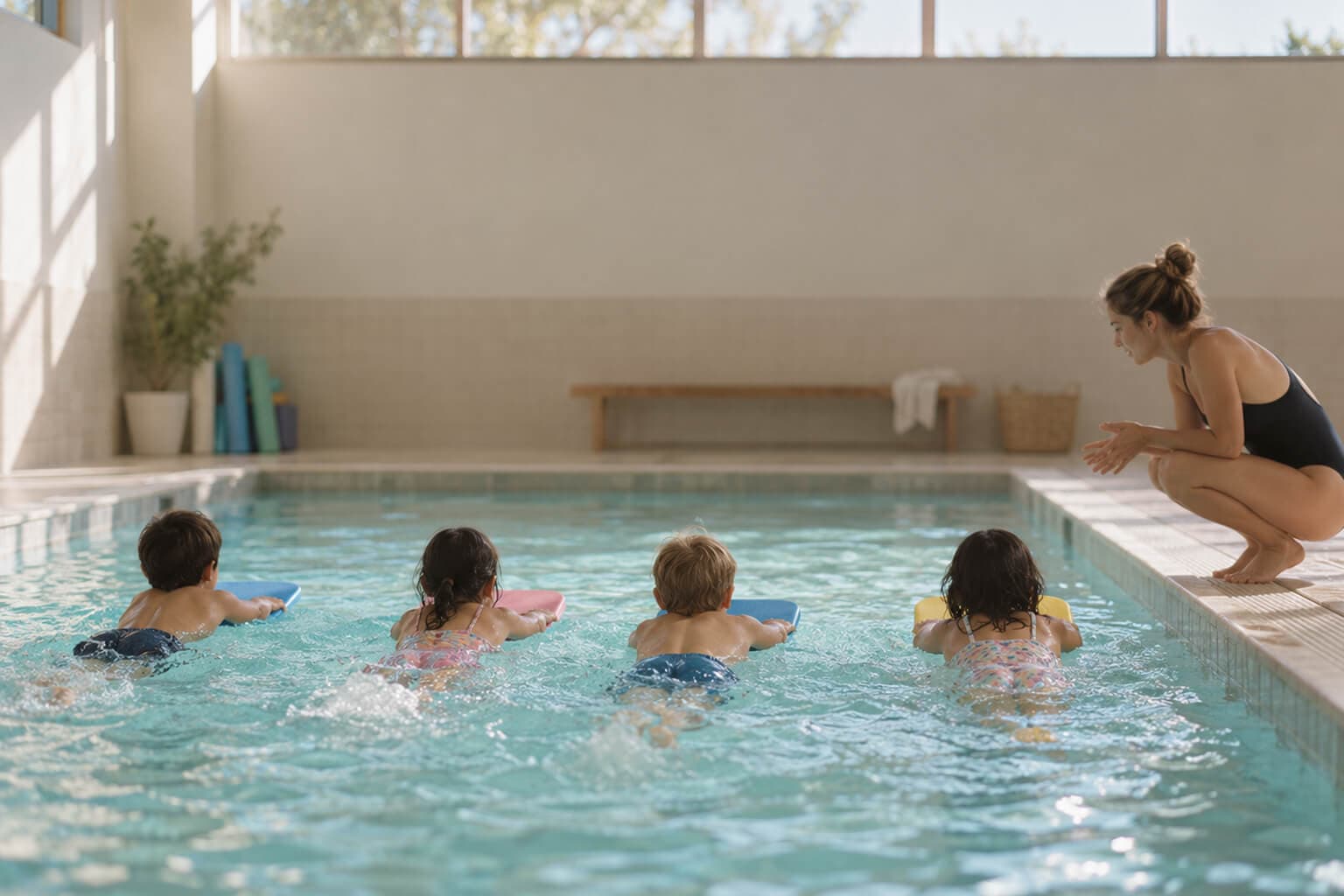 Vier Kinder schwimmen mit Schwimmbrettern im Lehrschwimmbecken, die Schwimmlehrerin hockt am Beckenrand
